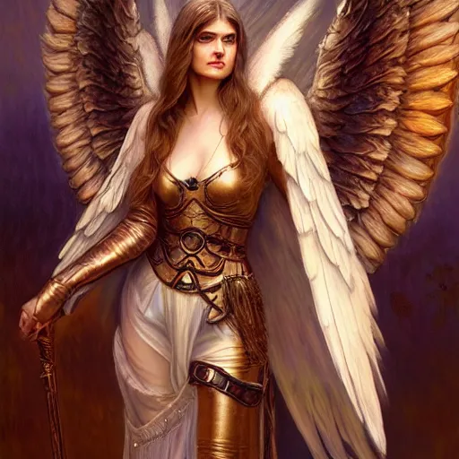 Image similar to portrait of young aasimar angel girl maiden wearing comfy leather armor with beautiful feathered angel wings, brown eyes, Alexandra Daddario, Blizzard, Diablo, by artgerm and greg rutkowski and alphonse mucha and andrei riabovitchev, 4k oil on linen, vivid colors, colorful, high dynamic range, HDR, intricate, elegant, highly detailed, digital painting, artstation, concept art, smooth, sharp focus, illustration