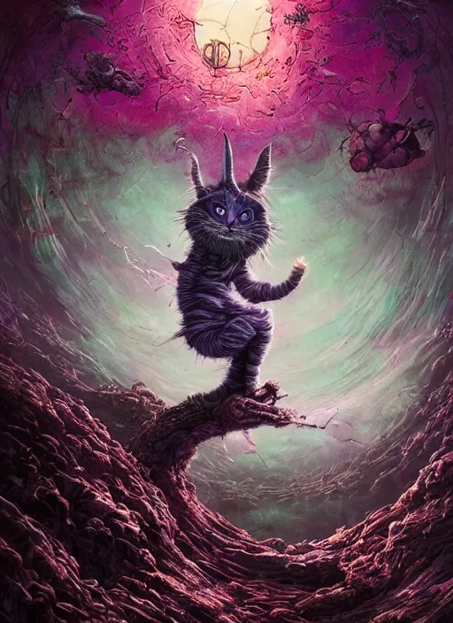 Image similar to cheshire cat, biopunk, highly detailed, cinematic, 8 k, by megan duncanson, benjamin lacombe, adrian borda, stanley artgermm, tom bagshaw, craig mullins, carne griffiths, ayami kojima, beksinski, giger, trending on deviantart, hyper detailed, horror, full of colour