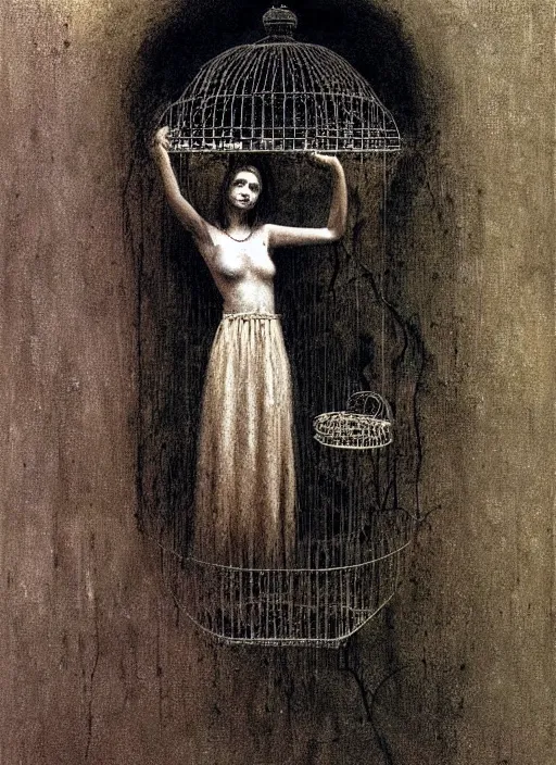 Prompt: girl inside birdcage by Beksinski