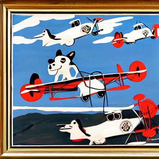 Prompt: biplane flying, piloted by identical 3 dogs, dogs in open cockpits, co - pilots, toy fox terrier breed, black and white spots, panting, tin tin painting