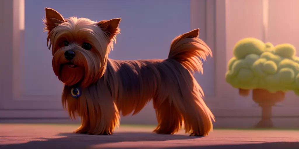 Image similar to a wholesome animation key shot of a brown and ashy 1 3 - year - old yorkshire terrier, studio ghibli, pixar and disney animation, sharp, rendered in unreal engine 5, anime key art by greg rutkowski, bloom, dramatic lighting