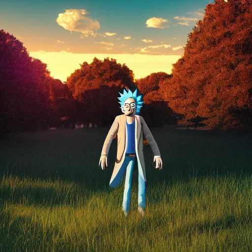 Image similar to portrait of rick sanchez, rick and morty, walking in a field. france, dordogne, hills, ultra high, face to camera, detail, 8 k, sunset, flowers, trees, river, octane render.