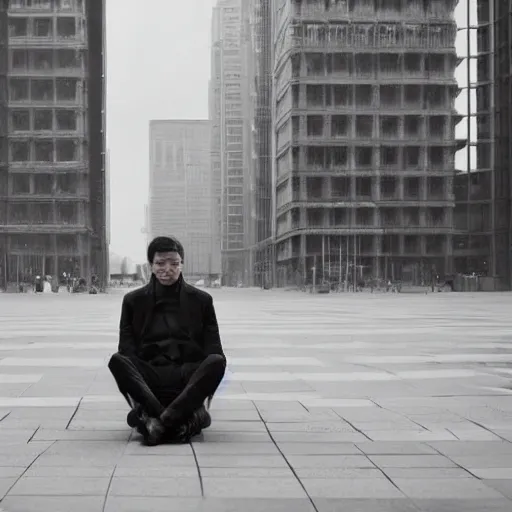 Prompt: lonely man sitting in a cubical in the middle of an empty city square in a dystopian future, depair, dystopian, by rutkowsky and tadao and zhang