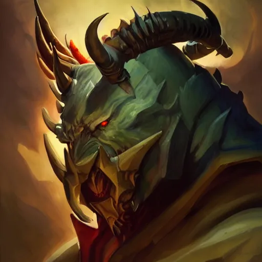 Prompt: Greg Manchess portrait painting of a large-horned demonic, devil armored character from league of legends, medium shot, asymmetrical, profile picture, Organic Painting, sunny day, Matte Painting, bold shapes, hard edges, street art, trending on artstation, by Huang Guangjian and Gil Elvgren and Sachin Teng