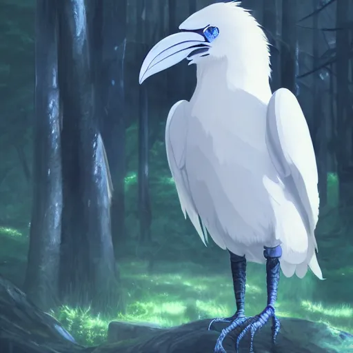 Image similar to concept art painting of an anthropomorphic humanoid white raven wearing dark blue robes, in the deep forest, realistic, detailed, cel shaded, in the style of makoto shinkai and greg rutkowski and james gurney