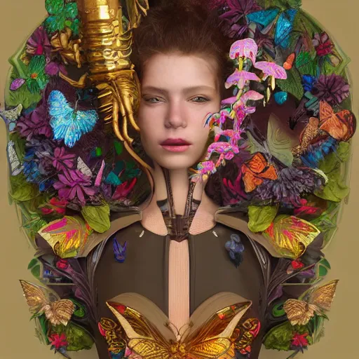 Prompt: a beautiful intricate fine art portrait photo of an alien robotic xenomorph surrounded by colorful flowers, leaves and butterflies by tom bagshaw and zach sutton, perfection!, golden ratio composition, studio lighting, 50mm lens, 3d render, cybernetic scifi, bokeh, artstation, 8K