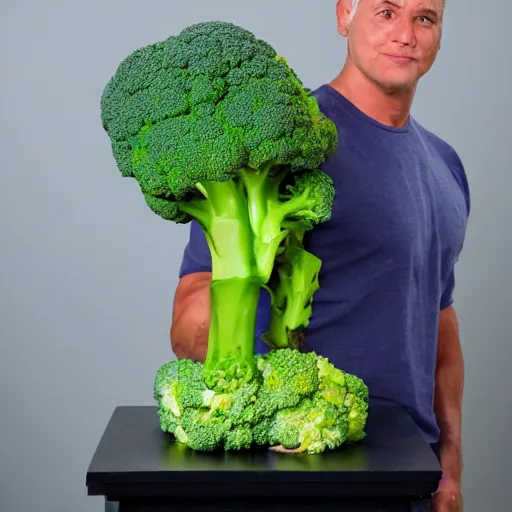 Image similar to a posing bodybuilder sculpture made entirely from broccoli, head of broccoli, studio photo