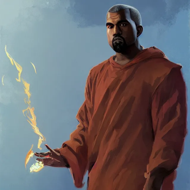 Image similar to Kanye West as a firebender, portrait, elegant, intricate, digital painting, artstation, concept art, smooth, sharp focus, illustration, art by konstantin korovin and Daniel F. Gerhartz and john howe