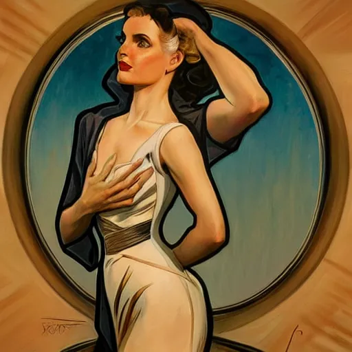 Image similar to a streamline moderne painting in the style of mort kunstler, and in the style of charlie bowater, and in the style of alphonse mucha. symmetry, smooth, sharp focus, semi - realism, intricate detail.