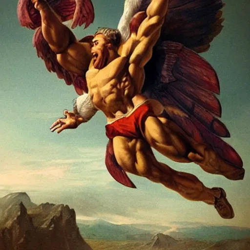 Image similar to a muscular heroic man riding a giant eagle