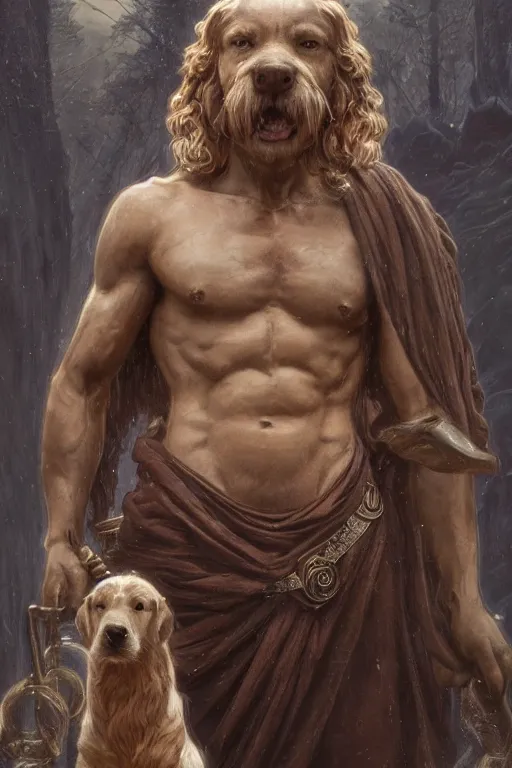 Prompt: Dog as a Norse god, detailed face, norse statue, gorgeous, amazing, flowing hair, muscular, very muscular male body, intricate, highly detailed, 8K, digital painting, artstation, concept art, sharp focus, illustration, art by greg rutkowski beeple and alphonse mucha