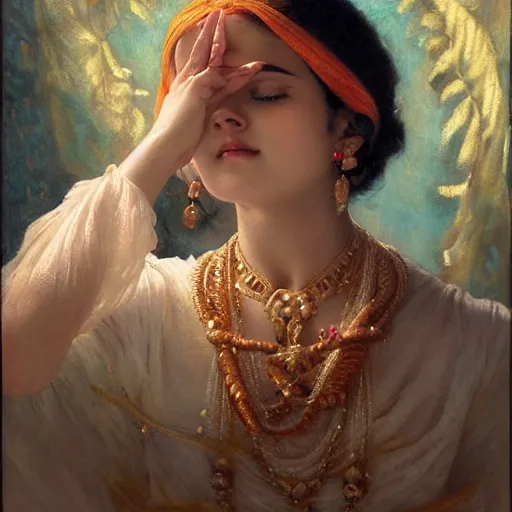 Image similar to detailed portrait of hindu traditional girl with high - tech vr headset in baroque painting, girl graceful, eyes closed, painting by gaston bussiere, craig mullins, j. c. leyendecker, lights, art by ernst haeckel, john william godward, hammershøi,,