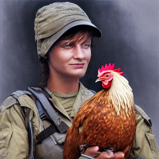 Image similar to A realistic image of a very sas woman holding a rooster in her hands, ultra high detail, 8k.