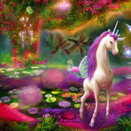 Prompt: flower garden with magical fairies, mythical, surreal, animated movie shot, unicorns, digital painting, wallpaper, art, 4 k, hd