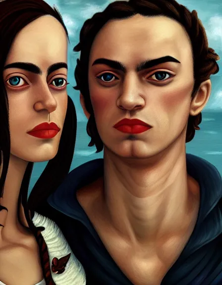 Image similar to couple in love. fully clothed armed female pirate captain, rachel wall, with a male pirate partner, sun, summer, blue eyes, beauty, wisdom, love, strength, knowledge, smart, portrait, symmetrical, highly detailed, digital painting, artstation, smooth, sharp focus, illustration, strength, art by frida kahlo. 8 k