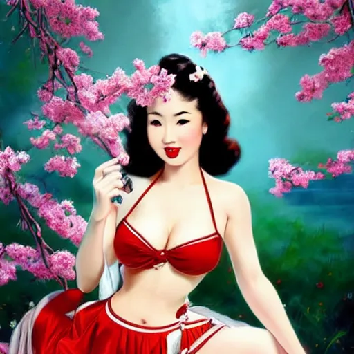 Image similar to pin - up fullbody portrait of a beautiful young asian woman, pretty long hair, intense flirting, showing curves, symmetrical face, digital art, smooth, extremely detailed, model pose, intense look, dream, cherry blossoms, gorgeous young model, traditional beauty, pretty, by wu bayard, by gil elvgren, by ralph horsley, by hanks steve