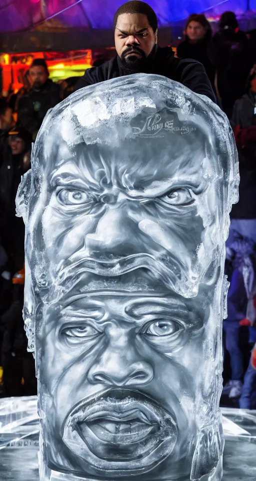 Image similar to dramatic photo, the rapper'ice cube'carving a full body ice sculpture of rapper'ice cube'at harbin ice festival, wide angle photo, award winning, artgerm, wlop, james gurney, trending on artstation