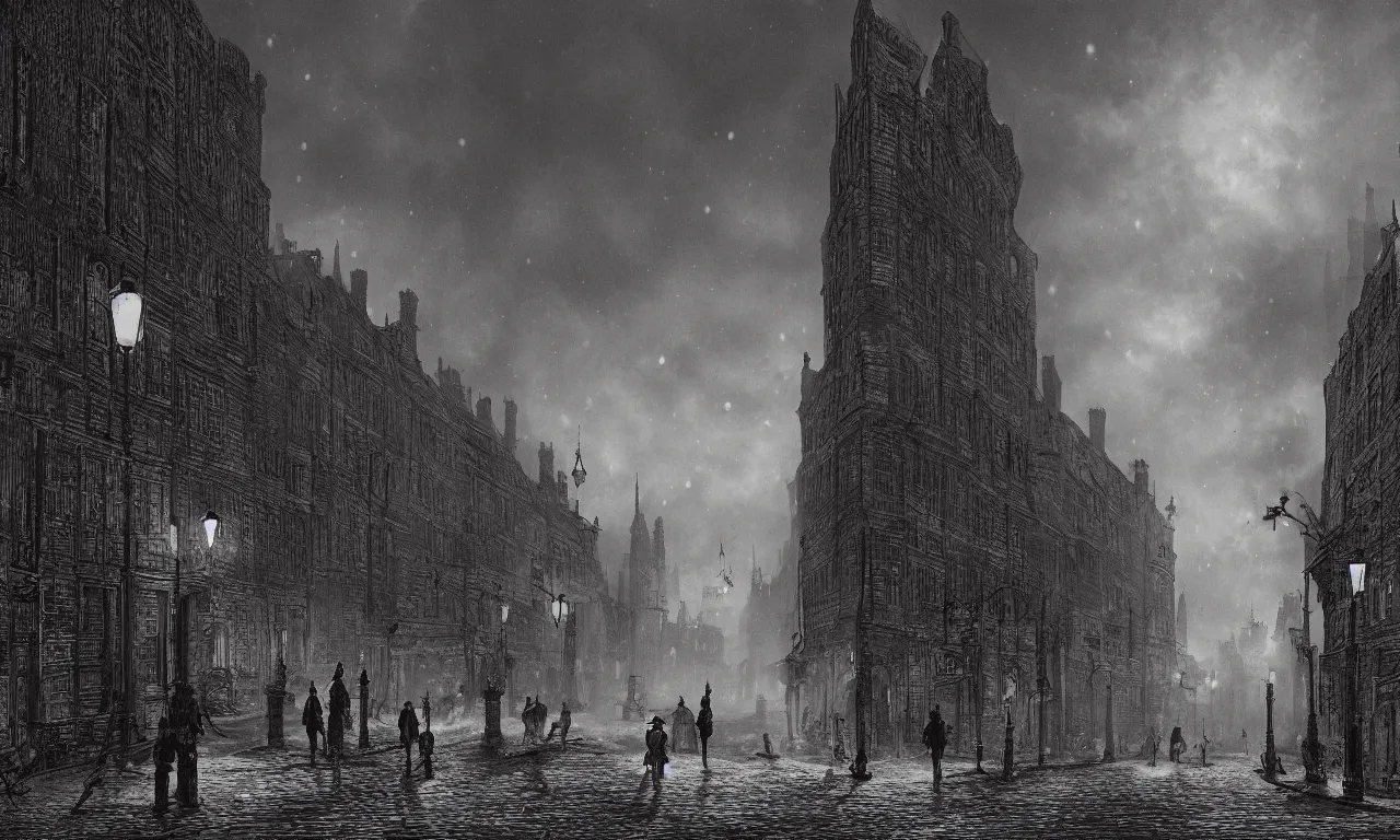 Image similar to a street of 19th century london at night, in the style of Bloodborne