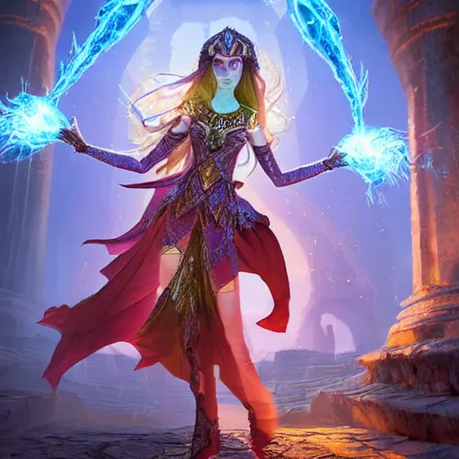 Image similar to digital art of half-elf sorceress from dungeons and dragons, a fireball spell forms in her hands, in a crowded ancient persian city, insanely detailed, depth of field unreal engine ultra-wide angle lens, volumetric lighting, vivid color,