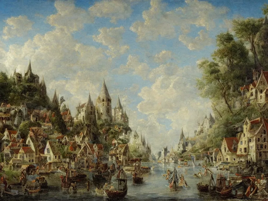 Image similar to a small fantasy village, viewed from the harbor, by jean - baptist monge,