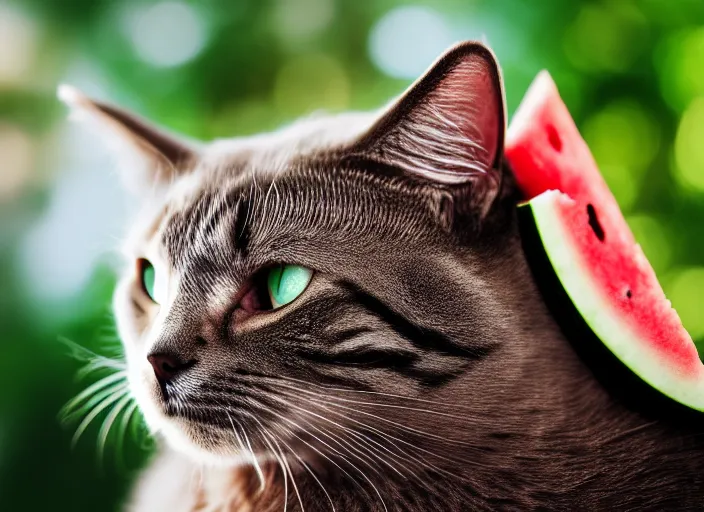 Image similar to photo of a cat wearing a helmet made of a watermelon. fantasy horror style. highly detailed 8 k. intricate. lifelike. soft light. nikon d 8 5 0 5 5 mm. dof. cinematic post - processing.