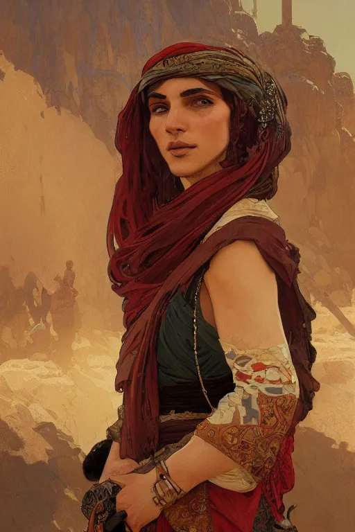 Prompt: A full portrait of an ancient Bedouin traveling spice merchant intricate, elegant, highly detailed, digital painting, artstation, concept art, smooth, sharp focus, illustration, art by Krenz Cushart and Artem Demura and alphonse mucha