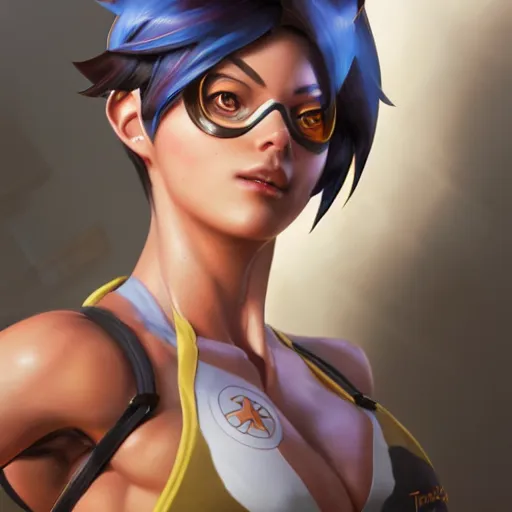 Image similar to a highly detailed portait of tracer from overwatch with muscles, digital art, pretty face, muscular, very beautiful face, very detailed eyes, 8 k resolution, digital painting, by james gurney wlop, greg rutkowski, full body