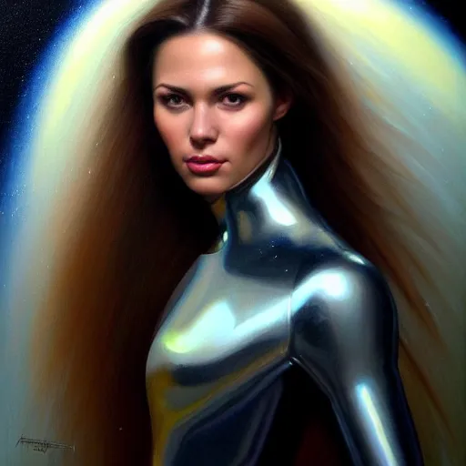 Prompt: portrait of very beautiful woman with a large obvious scar across her cheek and lips, very very beautiful, wearing futurist spacesuit space armor, Alexandria's genesis, chin-length hair, bored, illustration, soft lighting, soft details, hyper realism, high detailed, painting oil on canvas by mark arian by artgerm, trending on artstation, 4k, 8k, HD