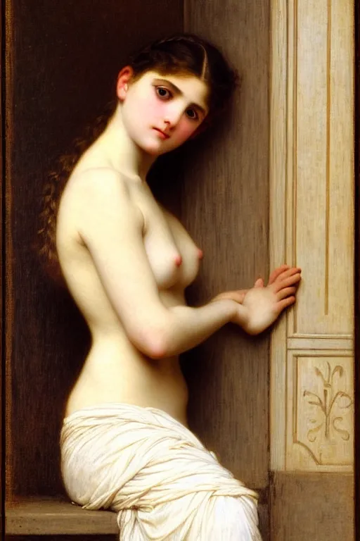 Prompt: girl in thought by auguste toulmouche and bouguereau, clear face, perfect detailed eyes, fireplace lighting, beautiful hands, pale skin, blonde hair, leaning on door