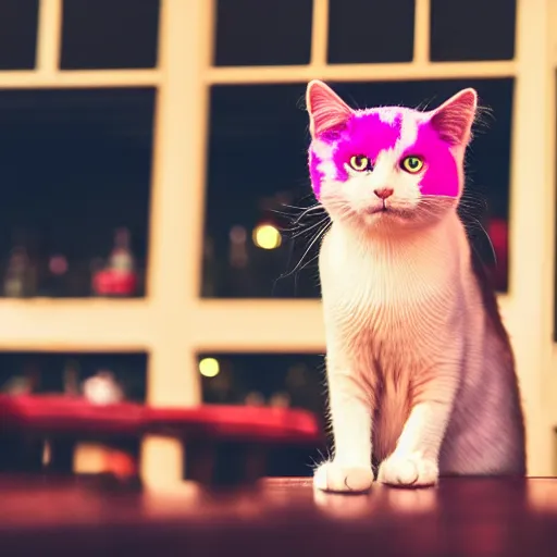 Prompt: cat with pink hair sitting in a bar smoking all alone