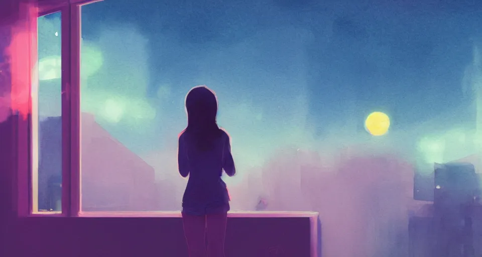 Image similar to Girl on a window pane watching the Saturn sunset in the twilight, volumetric lighting, watercolor, glowing lights, 4k, octane, digital painting, pixiv, by Aenami