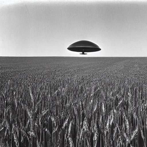 Image similar to a picture of an ufo above an wheat field, black and white, 1 9 2 0's, pictorialism