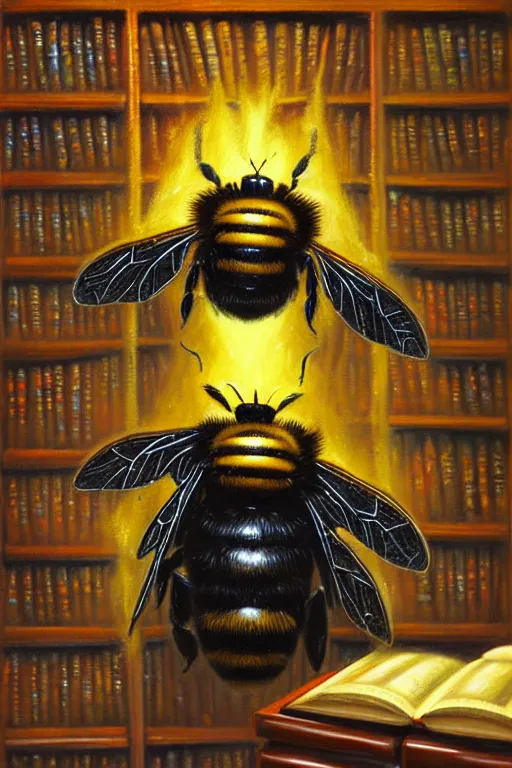 Prompt: classic oil painting, a giant anthropomorphic bumble bee, as a dnd character, inside a cluttered library by the fireplace, cottagecore, highly detailed, digital illustration, concept art, smooth, sharp focus, art by tim hildebrandt, and greg hildebrandt