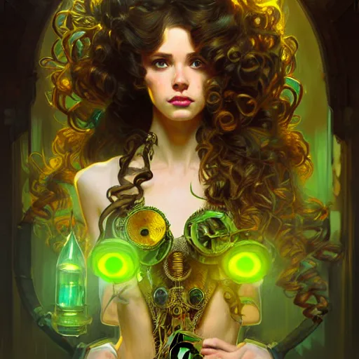 Prompt: a cinematic portrait scene female steampunk girl with long curly hair, yellow green background, intricate, elegant, highly detailed, digital painting, artstation, concept art, smooth, sharp focus, illustration, art by artgerm and greg rutkowski and alphonse mucha