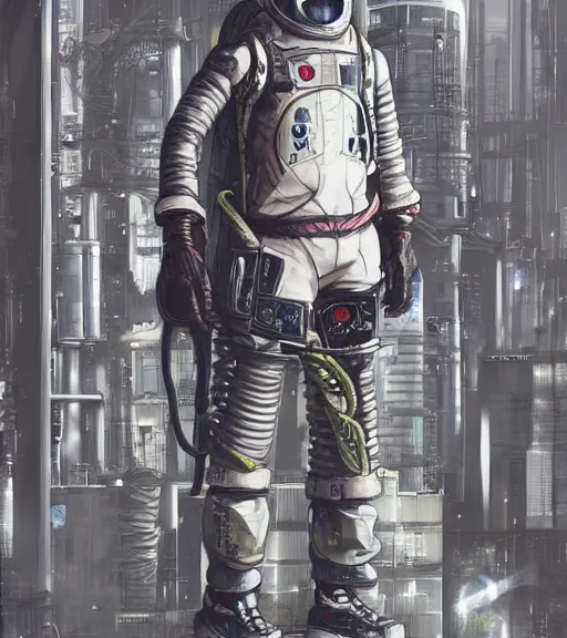 Image similar to realistic cyberpunk japanese engineer with long limbs and a black spacesuit welding, techwear, dead space, visible face, Industrial Scifi, detailed illustration, character portrait, by Martin Grip and Moebius