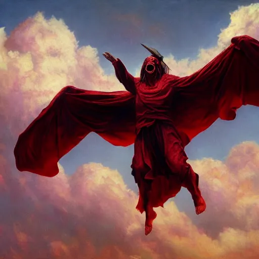 Image similar to realistic painting of a huge bloody satanic figure flying in the sky by michael whelan, ultra realistic, 8 k, streched and creepy painting. trending on, octane renderer, mesmerizing, aesthetic, beautiful