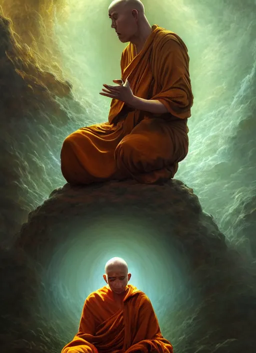 Image similar to a monk meditating, in the style of tomasz alen kopera and fenghua zhong and peter mohrbacher, mystical colors, rim light, beautiful lighting, 8 k, stunning scene, raytracing, octane, trending on artstation