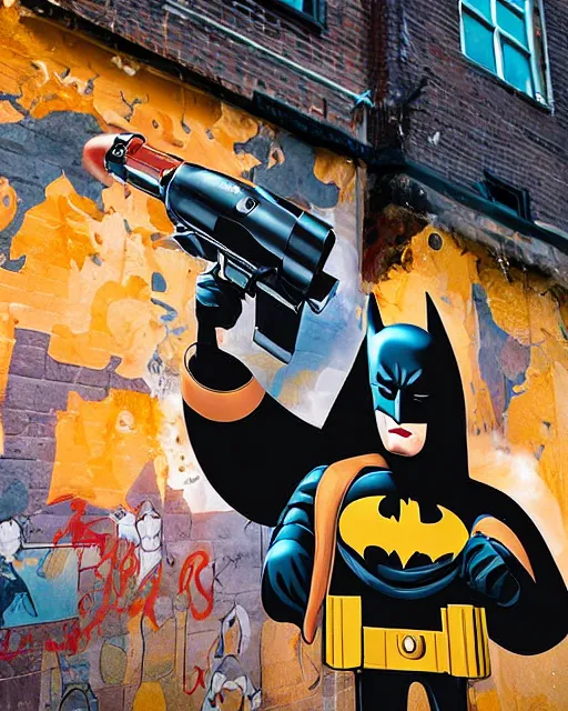 Image similar to happy batman firing supersoaker at happy criminals in an alleyway, product advertisement, photograph