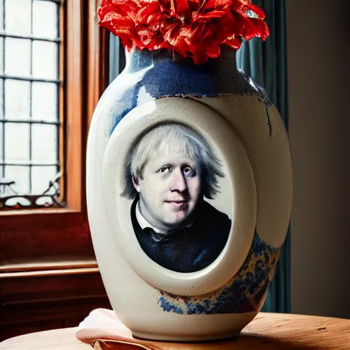 Image similar to beautiful studio photograph of a ceramics display with a portrait of boris johnson painted by hans holbein painted onto a tall angular stoneware vase with handles placed on a tablecloth on a wooden table, hyperrealism 8 k trending on artstation