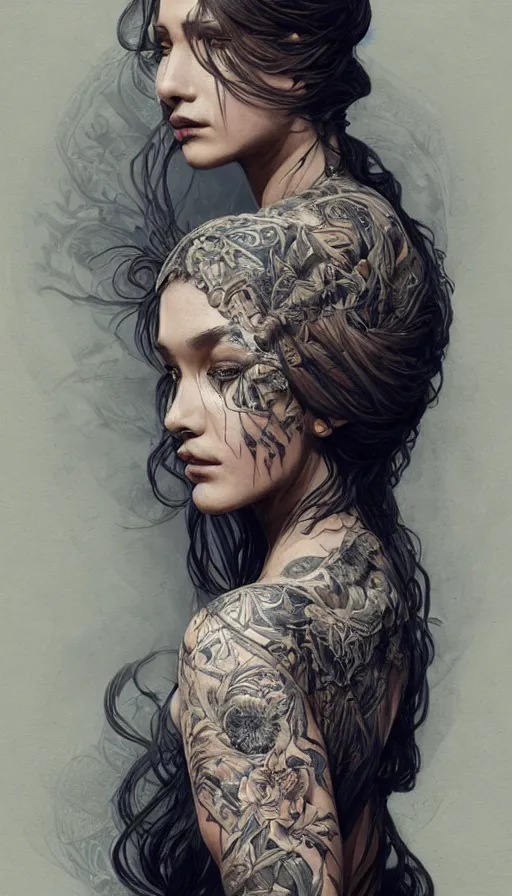 Prompt: tattooed lady, fame of thrones, fibonacci, sweat drops, intricate fashion clothing, insane, intricate, highly detailed, surrealistic, digital painting, artstation, concept art, smooth, sharp focus, illustration, Unreal Engine 5, 8K, art by artgerm and greg rutkowski and alphonse mucha