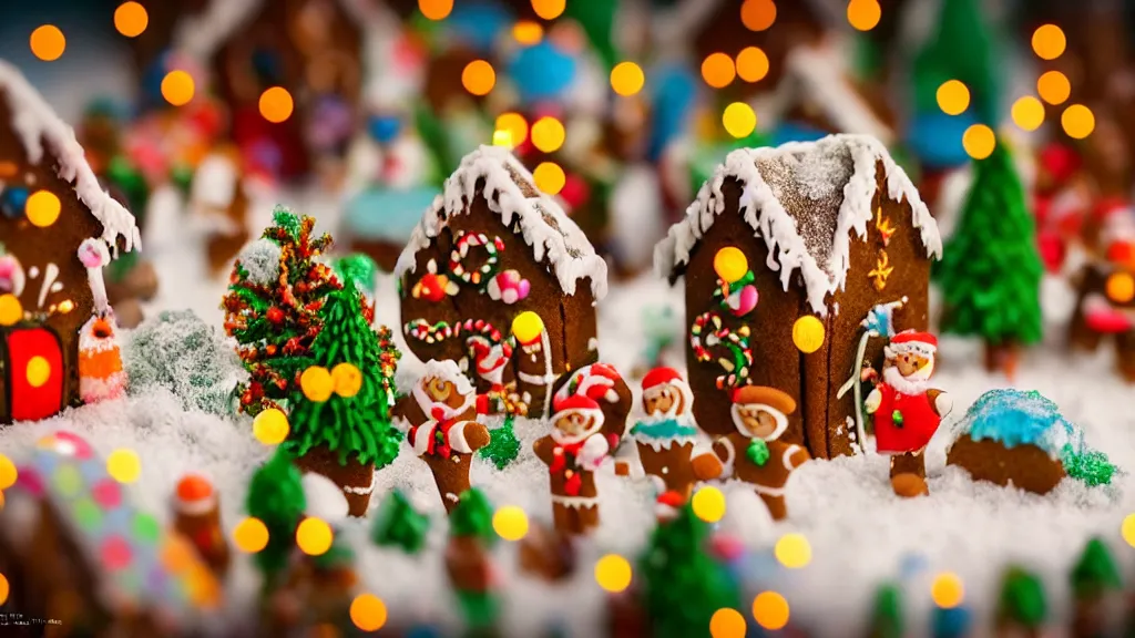 Image similar to closeup of miniature gingerbread candy village, colorful, fantasy, fairytale, forest, fireflies, flowers, halloween, christmas, snow, hansel and gretel, bokeh, depth of field 1 0 0 mm, cinematic scene, studio quality, unreal engine, octane render, trending on artstation, artgerm, cgsociety
