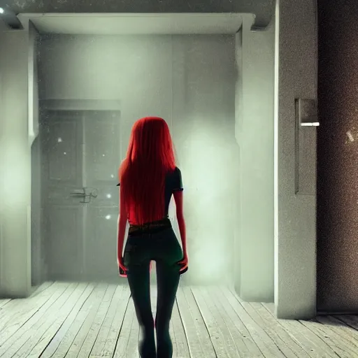 Prompt: beautiful red haired girl standing at the door of nightclub with dark shadows and volumetric lighting, hyper detailed, digital art, cinematic lighting, studio quality, smooth render, unreal engine 5 rendered, octane rendered