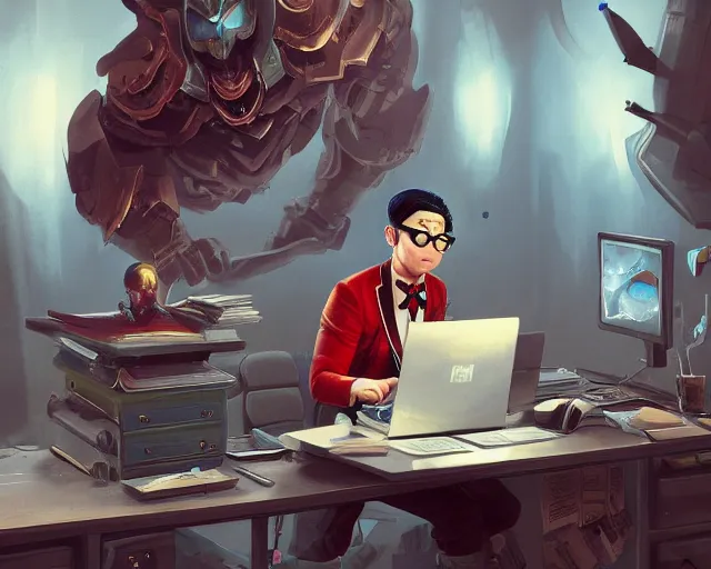 Image similar to an insanely detailed painting of a nerdy asian man wearing a superhero costume, sitting at a desk, staring at the nervously at the computer and typing, in the style of peter mohrbacher, dramatic lighting and composition, surreal background, octane render, pixar, trending on artstation, concept art, comic book, view from behind