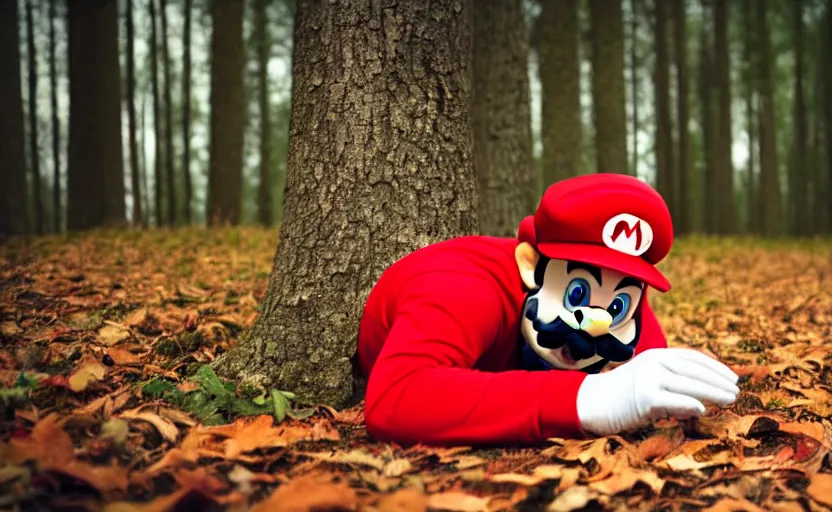 Prompt: italian man with a mustache dressed as mario wearing a solid red mario hat, crawling on the ground, excited face, eyes rolled back, drooling, licking a red mushroom with white spots, in a forest, photography, 5 0 mm lens, f 1. 8