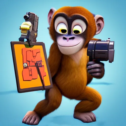 Prompt: “ logo of a monkey in the style of zootopia holding laser gun, with a black background, digital art, award winning, trending on art station, retro style ”