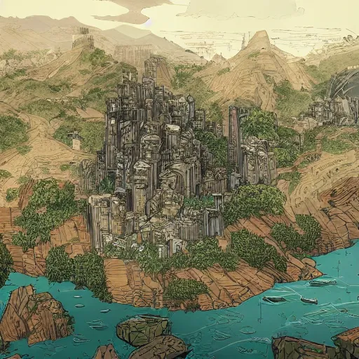 Prompt: a birds eye view overlooking a cell shaded cartoon a walled off ancient fantasy city surrounded by mountains and trees of greens and browns, rivers and lakes, the city is being besieged by monsters, concept art by josan gonzales and wlop, Laurie Greasley and james jean, highly detailed, sharp focus, Trending on Artstation, HQ, deviantart, art by artgem