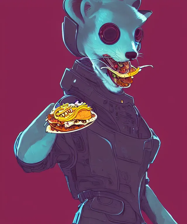 Image similar to a portrait of an anthropomorphic cyberpunk ferret eating a taco, cyberpunk!, fantasy, elegant, digital painting, artstation, concept art, matte, sharp focus, illustration, art by josan gonzalez