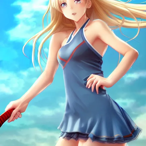 Image similar to a very beautiful young anime tennis girl, full body, long wavy blond hair, sky blue eyes, full round face, short smile, bikini, miniskirt, front view, medium shot, mid - shot, highly detailed, cinematic wallpaper by stanley artgerm lau