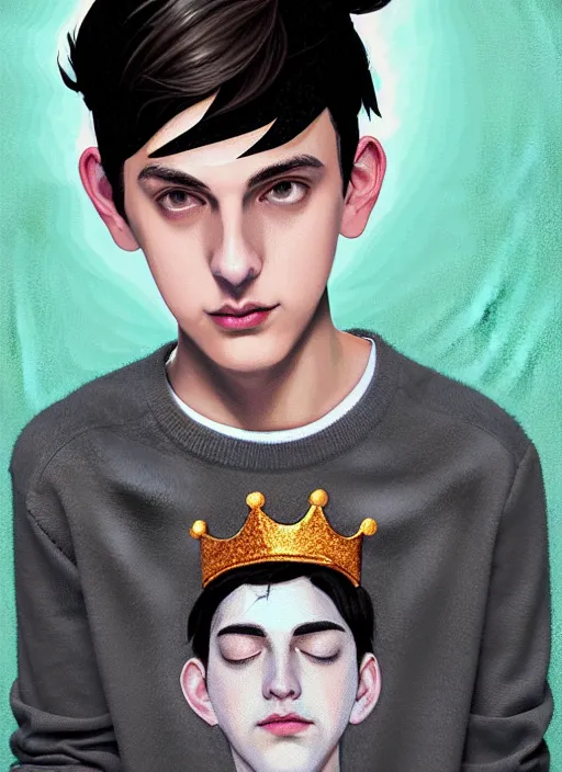 Image similar to portrait of teenage jughead jones wearing a light grey crown, photorealistic, crown, eyes closed, crown, black hair, sweater with letter s on it, letter s, intricate, elegant, glowing lights, highly detailed, digital painting, artstation, concept art, smooth, sharp focus, illustration, art by wlop, mars ravelo and greg rutkowski