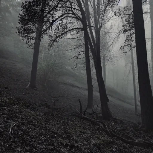 Image similar to A realistic looking album cover of a black metal band depicting a very large dead oak tree that is on fire, standing far in front of a dark forest, the weather is clear but there is some fog